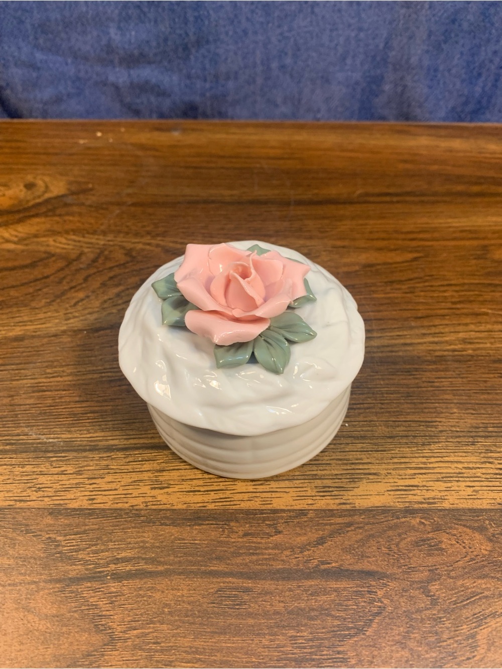 Vintage Porcelain Trinket Box Pink Rose Applied Flower Floral Jewelry Ring Dish
